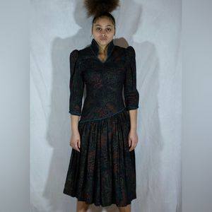 Vintage 80s dark drop waist long sleeve dress